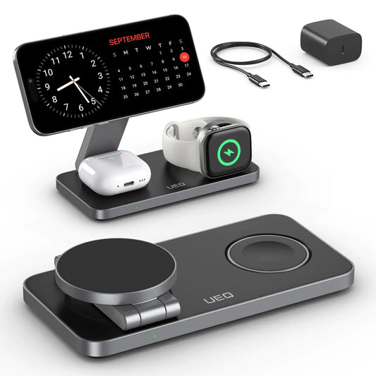Foldable 3 in 1 Wireless Charging Station for Apple Compatible with Magsafe Charger Stand,Magnetic Wireless Charger Station for iPhone 16 15 14 13 12 Series,Airpods Pro,Apple Watch(Carbon Black)-Tay's Goodies