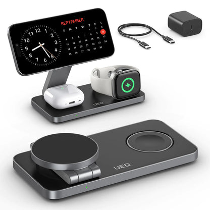Foldable 3 in 1 Wireless Charging Station for Apple Compatible with Magsafe Charger Stand,Magnetic Wireless Charger Station for iPhone 16 15 14 13 12 Series,Airpods Pro,Apple Watch(Carbon Black)-Tay's Goodies