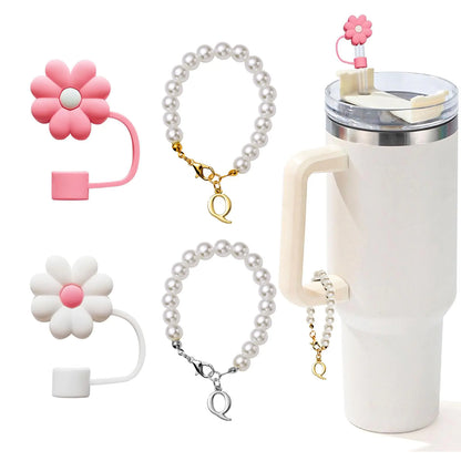 LUHOHI 4pcs Charms for Stanley Cup，Pearl Chain Accessories Stanley Cup Initial Letter Charms for Handle with 2pcs straw covers Stuff Decor Water Bottle Jewelry Tumbler Personalized Decorations ID Q-Tay's Goodies