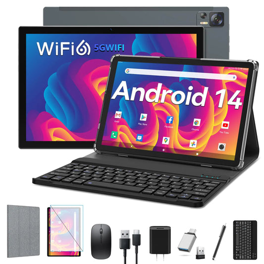EITOMIN Android 14 Tablet 10 inch WiFi 6 Tablet with Octa-Core Processor 8GB RAM+64/512GB Storage13MP+8MP Camera/GMS Certification/Bluetooth 5.0Tablet with Keyboard/Case/Mouse/Stylus/Gray-Tay's Goodies