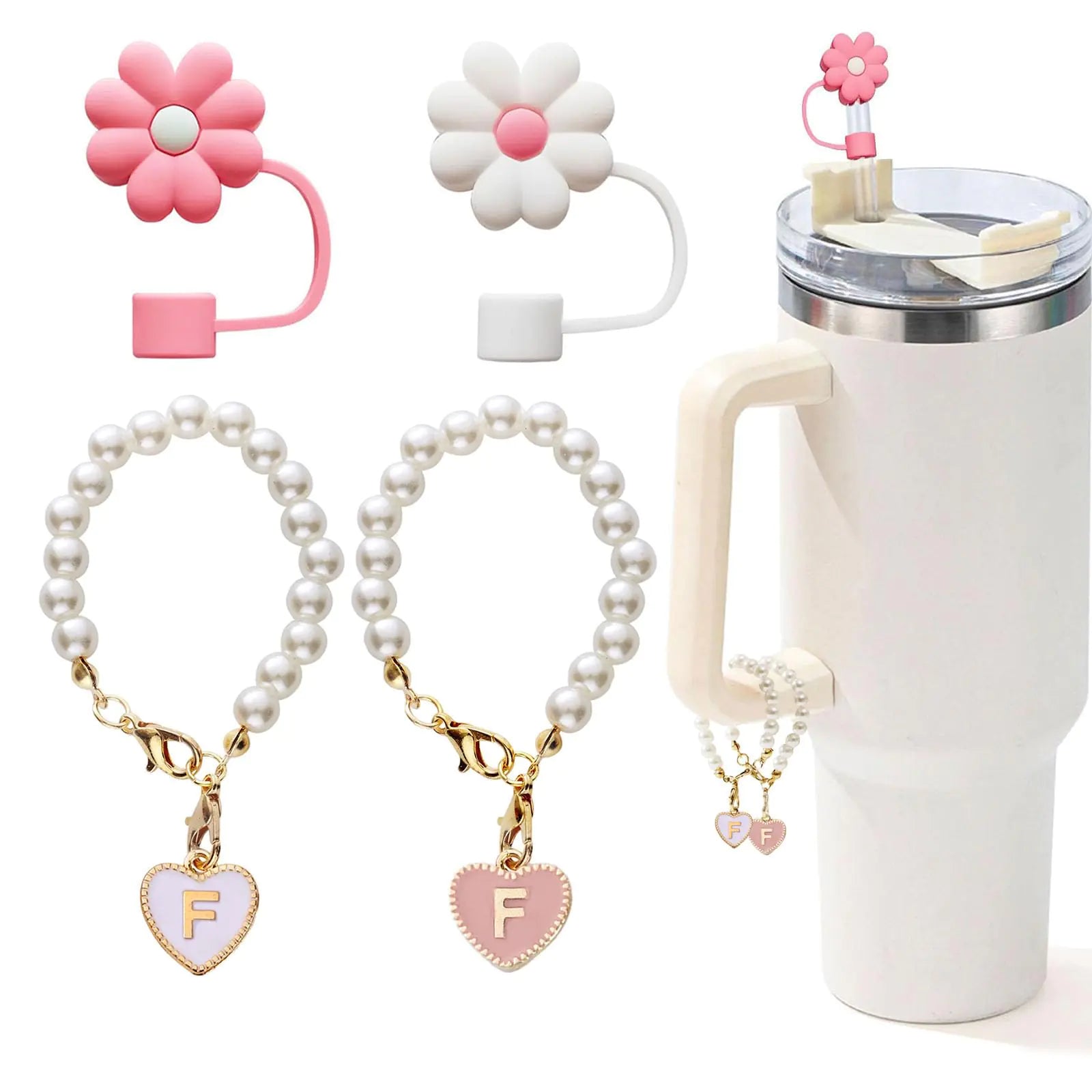 LUHOHI 4pcs Charms for Stanley Cup，Pearl Chain Accessories Stanley Cup Initial Letter Charms for Handle with 2pcs straw covers Stuff Decor Water Bottle Jewelry Tumbler Personalized Decorations ID Q-Tay's Goodies