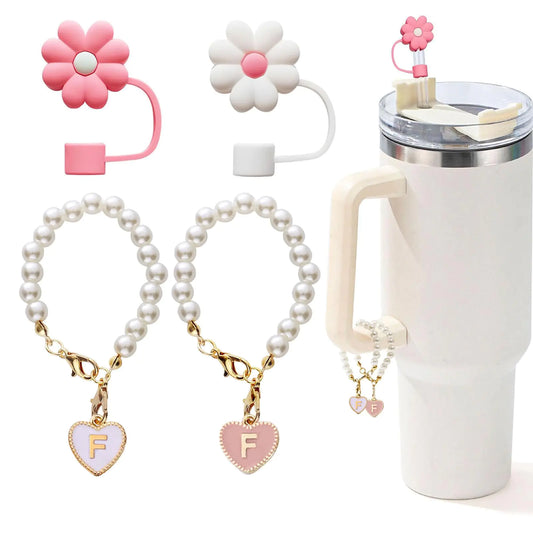 LUHOHI 4pcs Charms for Stanley Cup，Pearl Chain Accessories Stanley Cup Initial Letter Charms for Handle with 2pcs straw covers Stuff Decor Water Bottle Jewelry Tumbler Personalized Decorations ID Q-Tay's Goodies